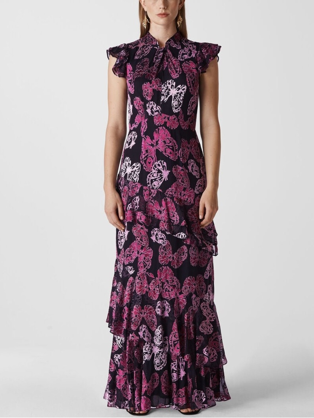 Whistles Purple and Black Burn Out Velvet Ruffle Maxi Dress